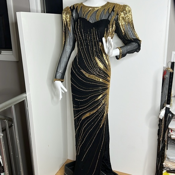 Nite Line Sz 10 Black Silk Gold Bugle Beaded Full Length Side Slit Dress Gown - Picture 4 of 16
